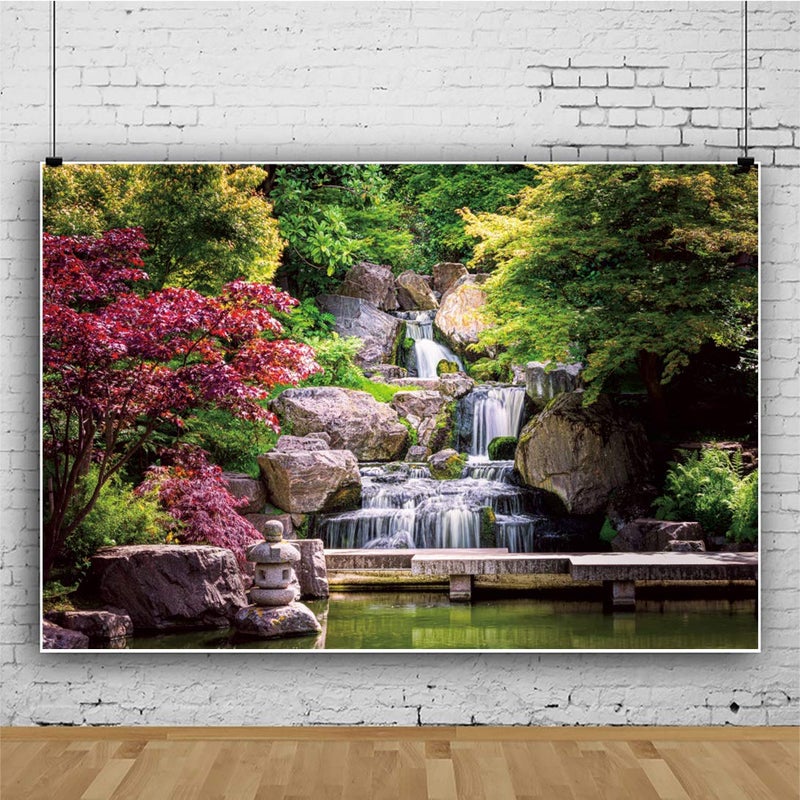 DORCEV 8x5ft Japan Garden Landscape Backdrop Retro Style Park View Photography Background Waterfall Maple Trees Bridge Kyoto Garden Travel Children Adult Portrait Photo Studio Props Wallpaper - Image 3